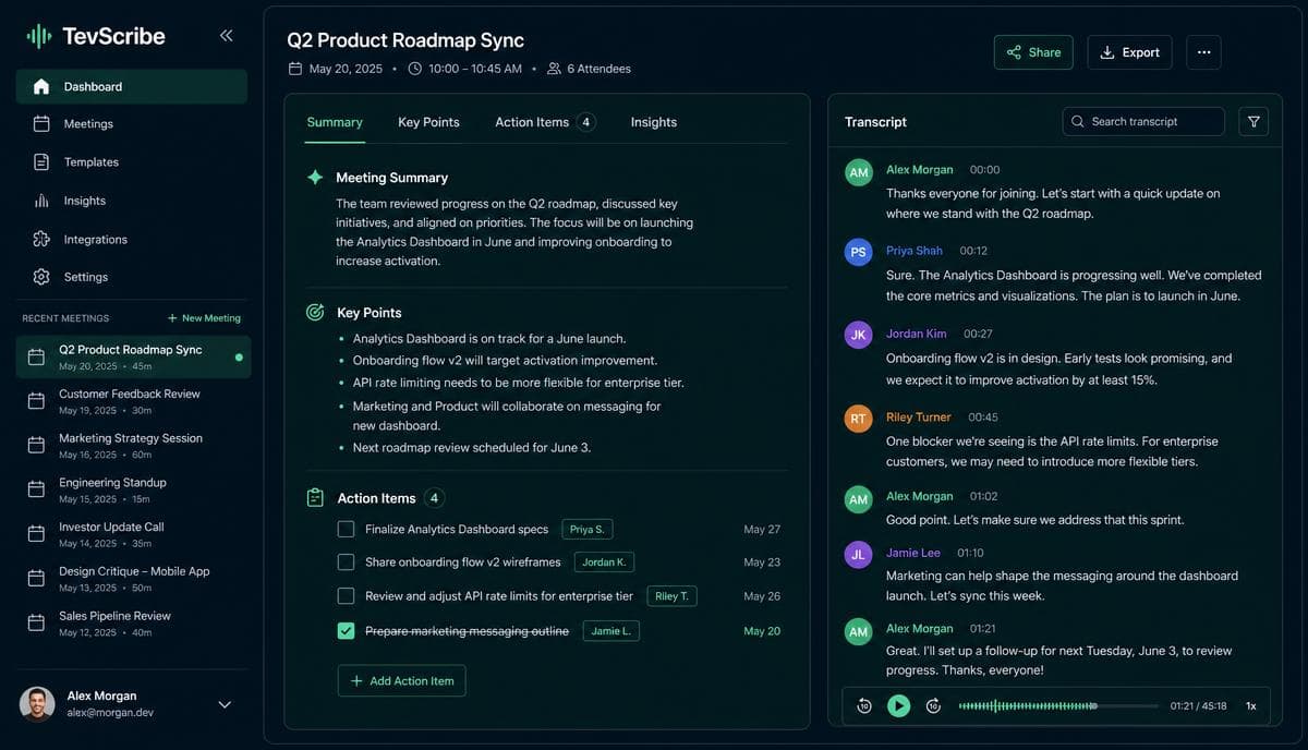 TevScribe dashboard showing a meeting summary, key points, action items, and a live transcript